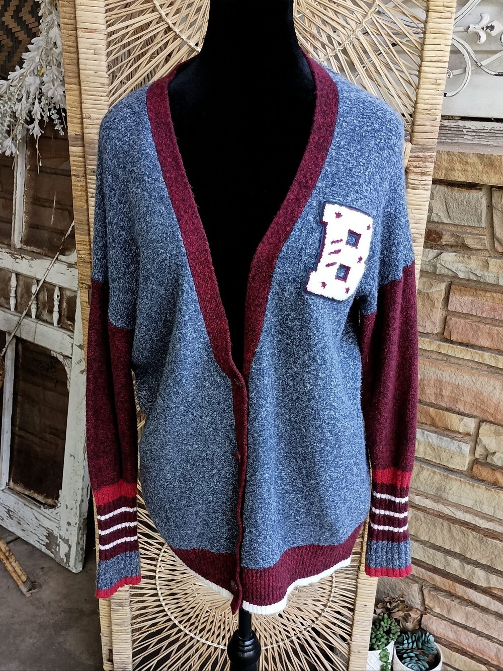 Mossimo Supply Co. Blue and Burgundy Letterman-Style Cardigan_M